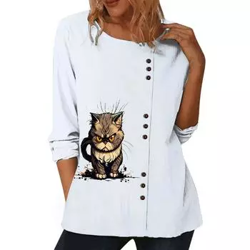 Женский белый повседневный топ с различными принтами, круглым вырезом и длинными рукавами S