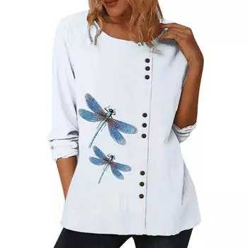 Женский белый повседневный топ с шикарными принтами, круглым вырезом и длинными рукавами S