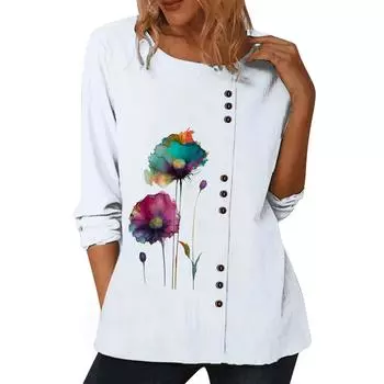 Женский белый повседневный топ с шикарными принтами, круглым вырезом и длинными рукавами S