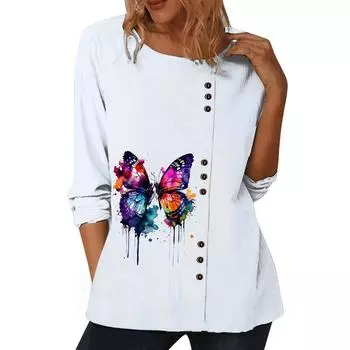 Женский белый повседневный топ с шикарными принтами, круглым вырезом и длинными рукавами S