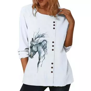 Женский белый повседневный топ с уникальным принтом, круглым вырезом и длинными рукавами S