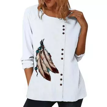 Женский белый повседневный топ с уникальным принтом, круглым вырезом и длинными рукавами S