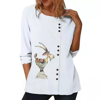 Женский белый топ с круглым вырезом и длинными рукавами, украшенный 6 яркими цветочными узорами S