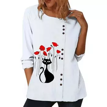 Женский белый топ с круглым вырезом и длинными рукавами, украшенный 6 шикарными цветочными узорами и отделкой пуговицами S