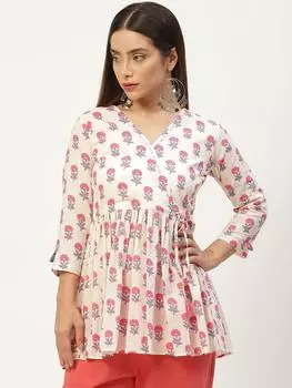 Женский белый топ с принтом и запахом XL темно-синий