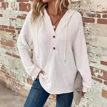 Женский белый вафельный трикотажный худи на пуговицах с V-образным вырезом и кулиской S белый