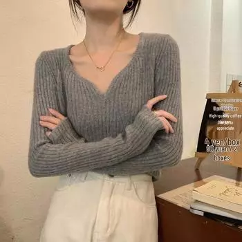 Женский белый вязаный свитер с V-образным вырезом - Модный топ облегающего кроя в корейском стиле, осень/зима 2023 S (80-95 jin)
