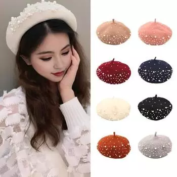 Женский берет с искусственным жемчугом и стразами, винтажная шерстяная шляпа в английском стиле без полей, однотонная, с регулируемыми лямками, кепка-тыква