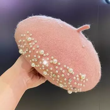 Женский берет с искусственным жемчугом и стразами, винтажная шерстяная шляпа в английском стиле без полей, однотонная, с регулируемыми лямками, кепка-тыква