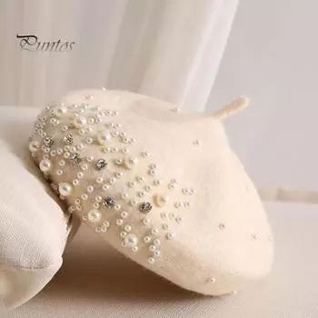 Женский берет с искусственным жемчугом и стразами, винтажная шерстяная шляпа в английском стиле без полей, однотонная, с регулируемыми лямками, кепка-тыква