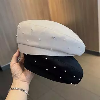 Женский берет со стразами и перламутром, модная весенне-осенняя универсальная шляпа с характером, японская ретро-шляпа с рисунком на лице 54-58cm чёрный