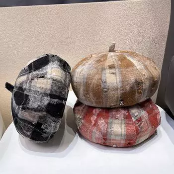 Женский берет в клетку в стиле ретро, осенне-зимний, шерстяной, теплый, с изображением звездчатого аниса, тыквенная шляпа, универсальная, маленькая шляпа художника M56-58cm чёрный