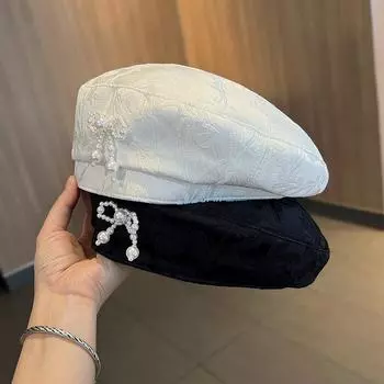 Женский берет в национальном стиле, весенне-осенняя универсальная шляпа с маленьким жемчужным бантом, новая модная шляпа-бутон 54-58cm чёрный