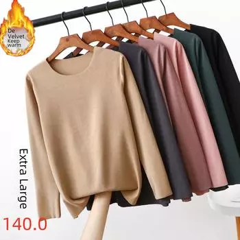 Женский бесшовный бархатный термотоп больших размеров - круглый вырез, длинный рукав, осенняя одежда