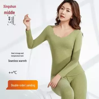 Женский бесшовный двусторонний бархатный теплый костюм для осени и зимы: Рубашка с длинными рукавами top, XXXL зелёный