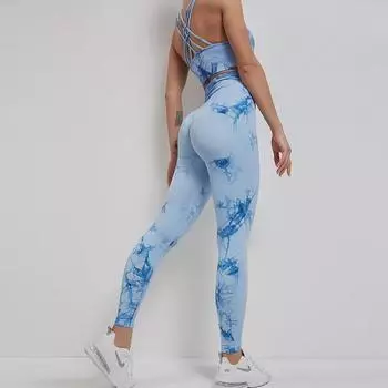 Женский бесшовный комплект для йоги с принтом тай-дай: Брюки с высокой талией и утягивающим эффектом на бедрах и спортивный жилет Medium