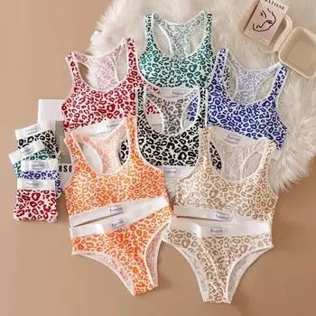Женский бесшовный комплект с бюстгальтером, трусики с низкой талией, леопардовый комплект нижнего белья без косточек, спортивный бюстгальтер с v-образным вырезом, хлопковый сексуальный комплект нижнего белья хаки
