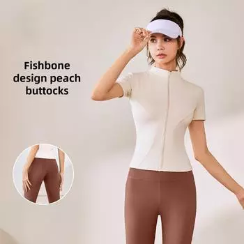 Женский бесшовный костюм для йоги Juyitang High Elastic - куртка с воротником-стойкой телесного цвета L розовый/алмаз