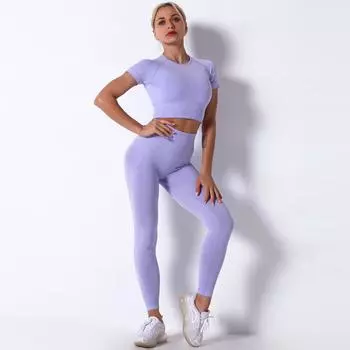 Женский бесшовный трикотажный фитнес-спортивный комплект с круглым вырезом и коротким рукавом, однотонные брюки, костюм для йоги S чёрный