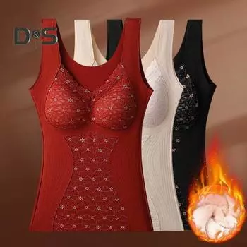 Женский бесшовный жилет с нагрудными вкладышами, без рукавов, толстый немецкий бархат, термобелье, сохраняющее тепло, эластичный, с V-образным вырезом, кружевной топ, зимняя базовая модель L коричневый