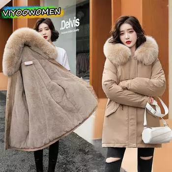 Женский бежевый плюс бархатный утепленный зимний пуховик куртка парки уличный меховой воротник для женщин корейская одежда уличная одежда M белый
