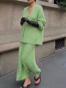 Женский бежевый вязаный кардиган с V-образным вырезом и длинная юбка, элегантный повседневный наряд S