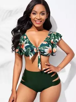 Женский бикини без бретелек купальники мода низкий вырез без бретелек сексуальный глубокий V сексуальный принт купальники S-5XL 5XL зелёный