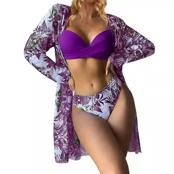 Женский бикини с цветочным принтом, сексуальный быстросохнущий купальник, комплект из 3 предметов L фиолетовый