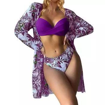 Женский бикини с цветочным принтом, сексуальный быстросохнущий купальник, комплект из 3 предметов One Size фиолетовый