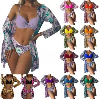 Женский бикини с цветочным принтом, сексуальный быстросохнущий купальник, комплект из 3 предметов L светло-фиолетовый