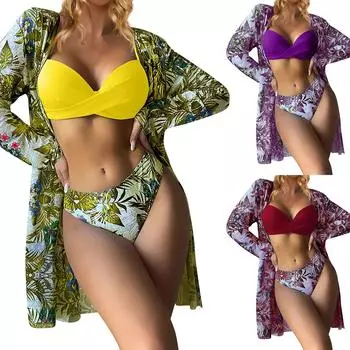 Женский бикини с цветочным принтом, сексуальный быстросохнущий купальник, комплект из 3 предметов XL фиолетовый