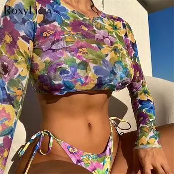 Женский бикини с лямкой на шее и длинным рукавом, женский купальник, женский купальник, комплект бикини из трех частей, купальный костюм с цветочным принтом S