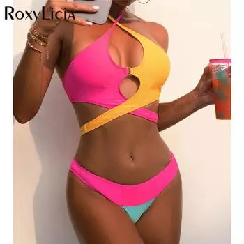 Женский бикини с лямкой на шее и вырезами, женский купальник, комплект из двух частей, мягкий купальный костюм, купальный костюм для женщин S жёлтый/розовый