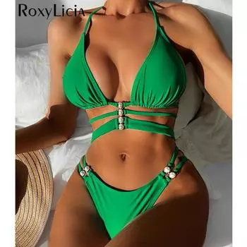 Женский бикини с лямкой на шее и жемчугом, женский купальник, женский купальник, комплект бикини из двух частей, купальный костюм для плавания S зелёный