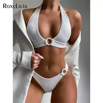 Женский бикини с лямкой на шее и складками, женский купальник, комплект из двух частей, бразильский купальный костюм со средней талией S белый