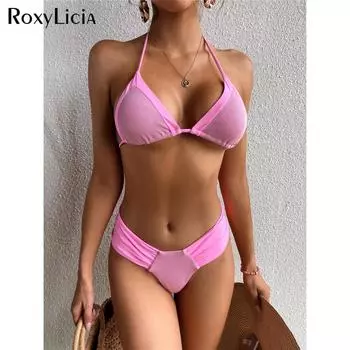 Женский бикини с лямкой на шее, женский купальник, комплект из двух частей, комплект бикини со средней талией, мягкий купальный костюм, купальный костюм для женщин S розовый