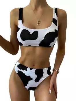 Женский бикини с принтом коровы, сексуальный пляжный купальник S черный белый
