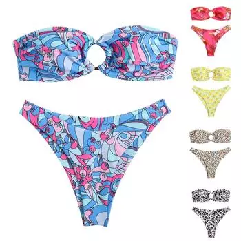 Женский бикини с разрезом Купальники с высокой талией Сексуальный бюстгальтер Многоцветный цветочный принт M оранжевый