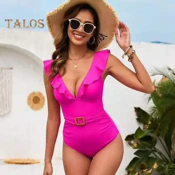 Женский бикини с воланами, сексуальный цельный купальник с глубоким V-образным вырезом, облегающий, с высоким вырезом, купальники для женщин, пляжа, бассейна, серфинга S горячий розовый