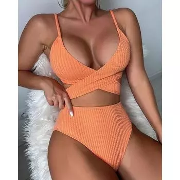 Женский бикини, сексуальный купальный костюм с высокой талией, пляжный купальник, однотонный женский летний купальник на шнуровке с разрезом S оранжевый