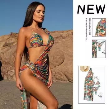 Женский бикини сексуальный купальный костюм с высокой талией пляжный купальник из трех частей сетчатое пляжное платье женский летний купальник S зелёный