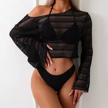 Женский бикини, сексуальный купальный костюм с высокой талией, пляжный купальник с длинными рукавами, пляжный комплект из трех предметов, женский летний купальник XS чёрный