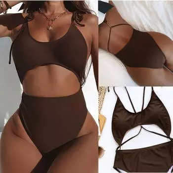 Женский бикини сплошной цвет кружевной комплект купальник сиамский для женщин пляжная одежда L коричневый
