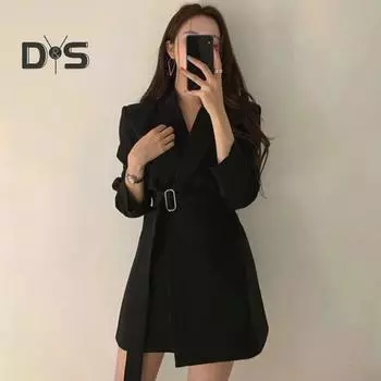 Женский блейзер с лацканами и длинным рукавом с поясом, плотная талия, однотонный, OL, стиль, деловой, винтажный, корейский, женский костюм, пальто L бежевый