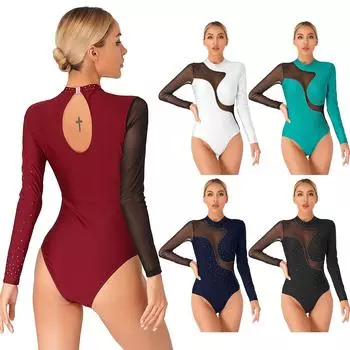 Женский блестящий акробатический купальник с блестящими стразами, прозрачными сетчатыми вставками, вырезом-замочной скважиной сзади, боди с длинными рукавами для выступлений M бордовый