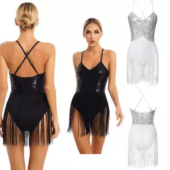 Женский блестящий боди с бахромой, V-образным вырезом, регулируемыми бретелями, кисточками, трико для танцевальных выступлений или соревнований M чёрный