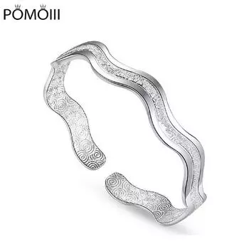 Женский блестящий браслет из стерлингового серебра 925 пробы с рябью для женщин, мужчин и девочек, браслет с открытой манжетой, регулируемый подарок, подарок