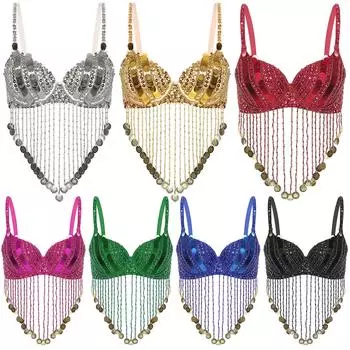 Женский блестящий бюстгальтер на косточках с блестками, бусинами, кисточками и топами для танца живота Rave One Size зелёный