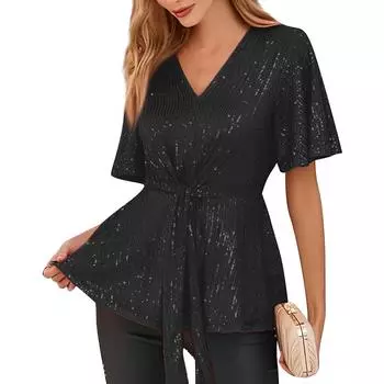 Женский блестящий контурный топ с V-образным вырезом, завязкой спереди, короткими рукавами-трубами, блестящим синим топом L чёрный