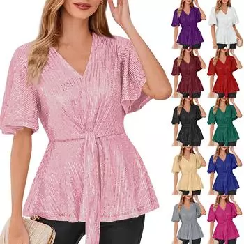 Женский блестящий контурный топ с V-образным вырезом, завязкой спереди, короткими рукавами-трубами, блестящим синим топом L чёрный